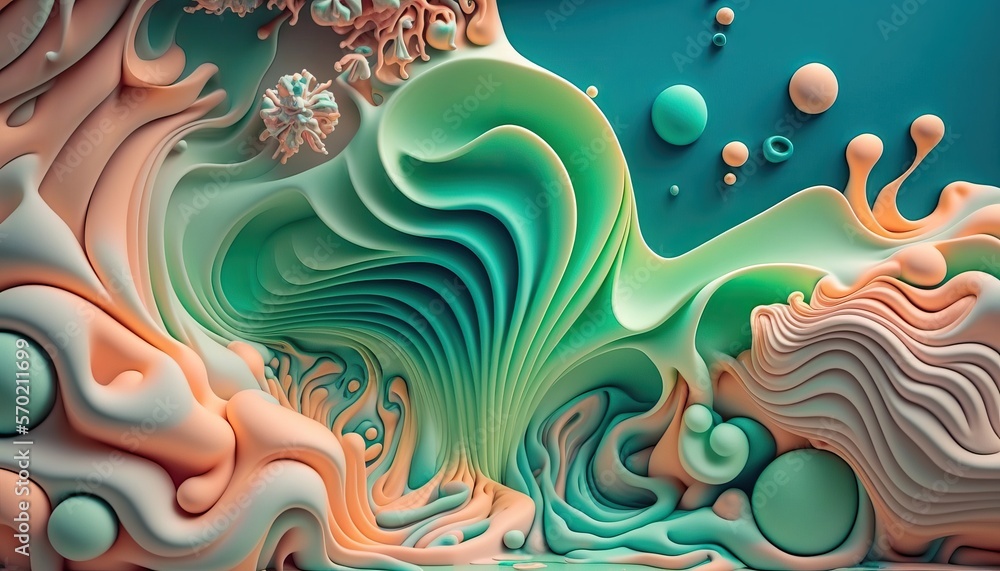 3D abstract background in pastel orange and green colours. Generative