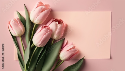 A bouquet of soft pink tulips on a message card. Generative ai composite.