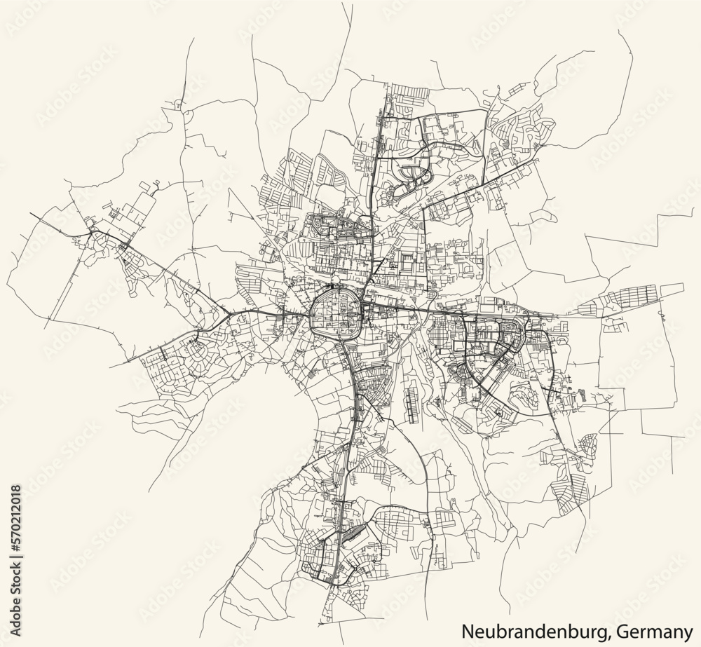 Detailed navigation black lines urban street roads map of the German town of NEUBRANDENBURG, GERMANY on vintage beige background