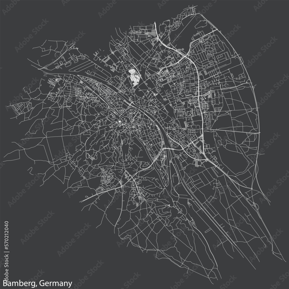 Detailed negative navigation white lines urban street roads map of the German town of BAMBERG, GERMANY on dark gray background