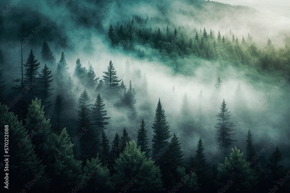 A view of a foggy forest from above. Generative ai composite.