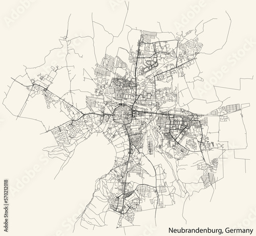 Detailed navigation black lines urban street roads map of the German town of NEUBRANDENBURG, GERMANY on vintage beige background