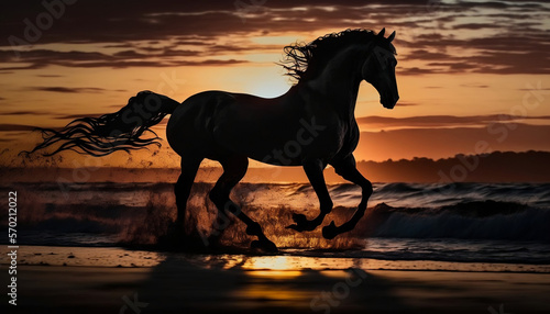 Silhouette of Black Knight s Horse at Sunset on the Beach