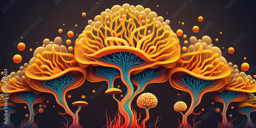 Vibrant abstract illustration of human nervous system made of mushrooms