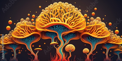 Vibrant abstract illustration of human nervous system made of mushrooms, concept of psychedelic drugs, Mushroom Network and Colorful Anatomy, created with Generative AI technology