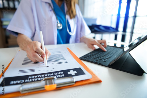 Medicine doctor hand working with modern digital tablet computer interface as medical network concept in