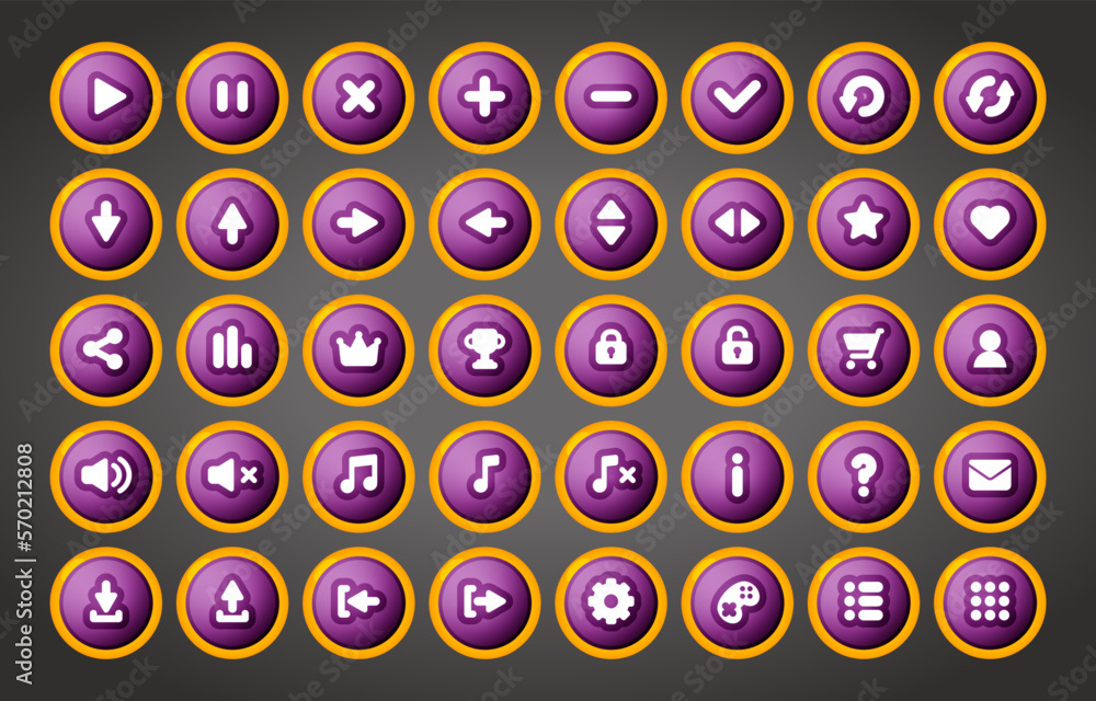 Colorful round UI game buttons in cartoon style. Vector game user interface buttons for 2d video