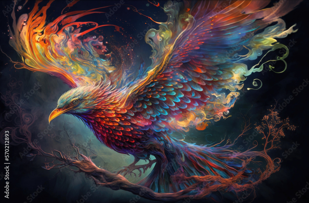 Colorful abstract bird of paradise on a black background. Image created with Generative AI technology. Colorful abstract bird of paradise on a black background. Image created with Generative AI technology.