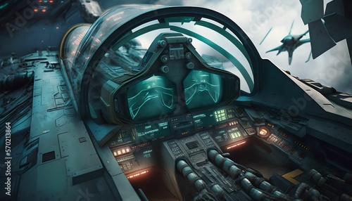 Combat aircraft view of the cookpit, generative ai