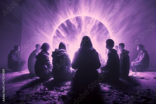 group of people meditating together in a room filled with violet light, symbolising unity and strength (AI Generated)