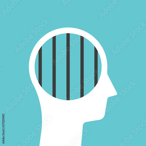 Bars of prison or jail in head. Closed mind, psychology, fear, prohibition, limits, rules, taboos, control and unfreedom concept. Flat design. EPS 8 vector illustration, no transparency, no gradients