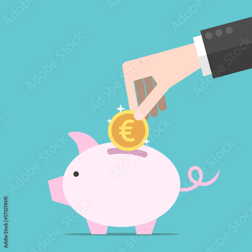 Hand putting euro coin in piggy bank. Savings, investment, economy, finance, budget and money concept. Flat design. EPS 8 vector illustration, no transparency, no gradients