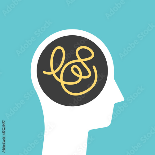 Head silhouette with tangled mind. Confusion, problem, mental disorder, tiredness, creativity and creative process concept. Flat design. EPS 8 vector illustration, no transparency, no gradients