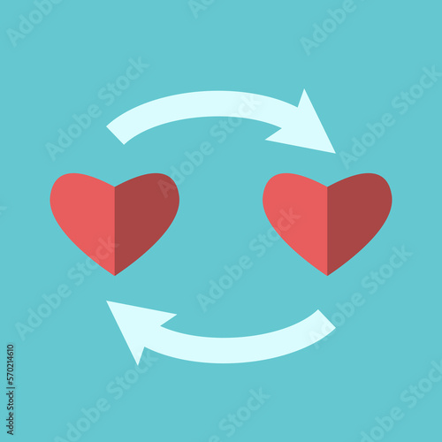 Two hearts connected. Emotional interaction, EQ, sharing, care, relationship, emotions exchange, love, change and transplantation concept. Flat design. EPS 8 vector illustration, no transparency
