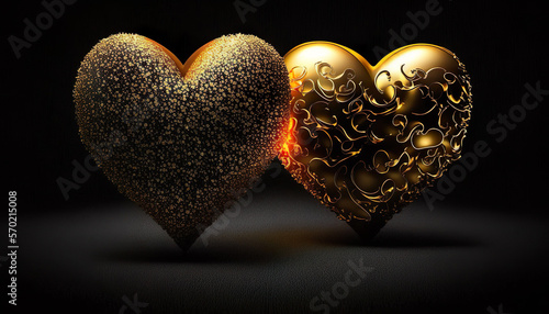 Golden glittering heart on black background. Valentine's Day concept. Generative AI