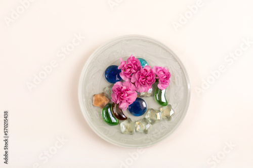 There are water and carnations in the bowl