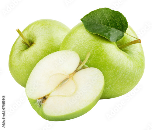 Group of ripe green apple fruits with apple half without seeds and green leaf isolated on transparent background. Full depth of field.