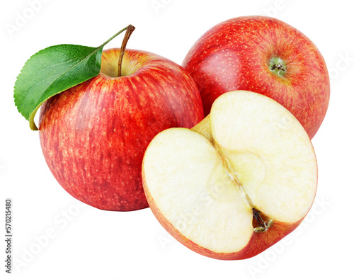 Ripe red apple fruit with apple half without seeds and apple leaf isolated on transparent background. Red apples and leaf