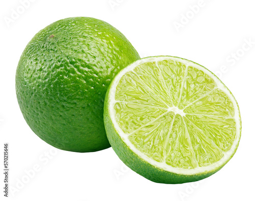 Whole green lime citrus fruit with lime half isolated on transparent background.
