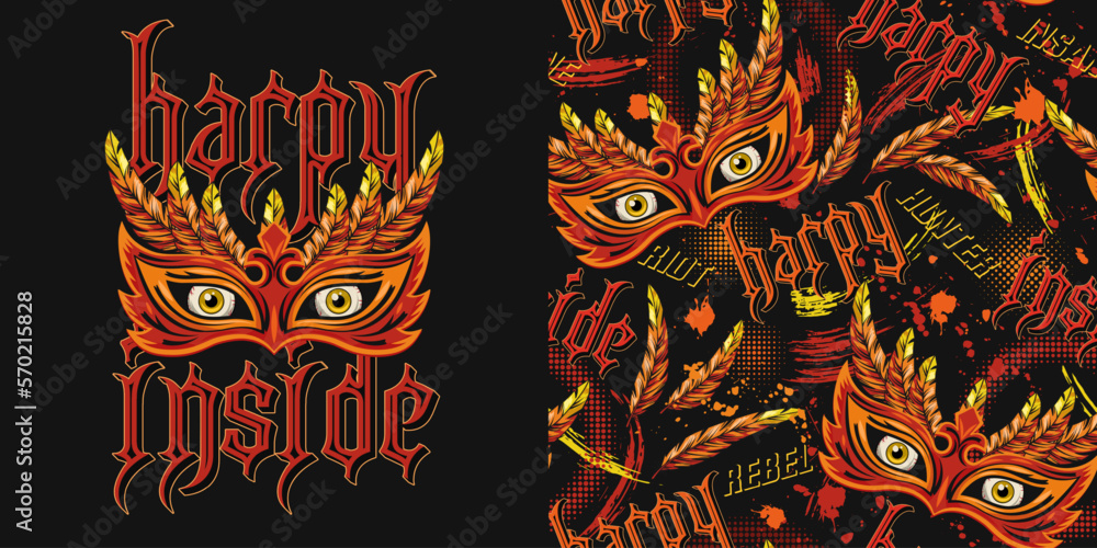 Set of label, pattern with scary masquerade mask, feathers, yellow eyes behind, text Harpy inside. Concept of rebellious character, inner strenght For prints, tattoo, clothing, t shirt, surface design Set of label, pattern with scary masquerade mask, feathers, yellow eyes behind, text Harpy inside. Concept of rebellious character, inner strenght For prints, tattoo, clothing, t shirt, surface design