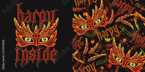 Set of label, pattern with scary masquerade mask, feathers, yellow eyes behind, text Harpy inside. Concept of rebellious character, inner strenght For prints, tattoo, clothing, t shirt, surface design