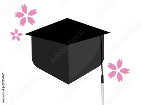 大学卒業の帽子と桜。学院生、大学生の帽子、モルタル、学士。ベクターイラスト