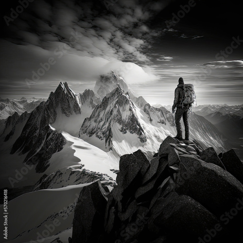 Artificial intelligence illustration of a mountaineer on top of a mountain with a landscape