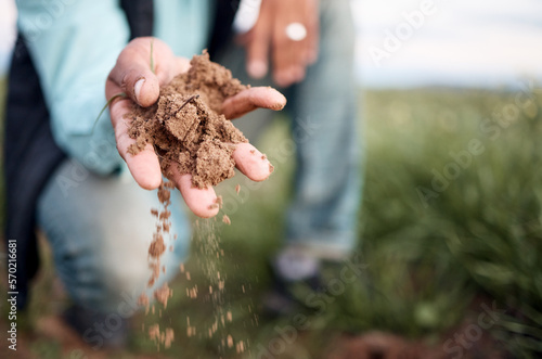 Farmer, hands or checking soil in farming field, agriculture land or countryside sustainability in vegetables growth success. Zoom, black man or gardening worker holding fertilizer, mud or earth dirt