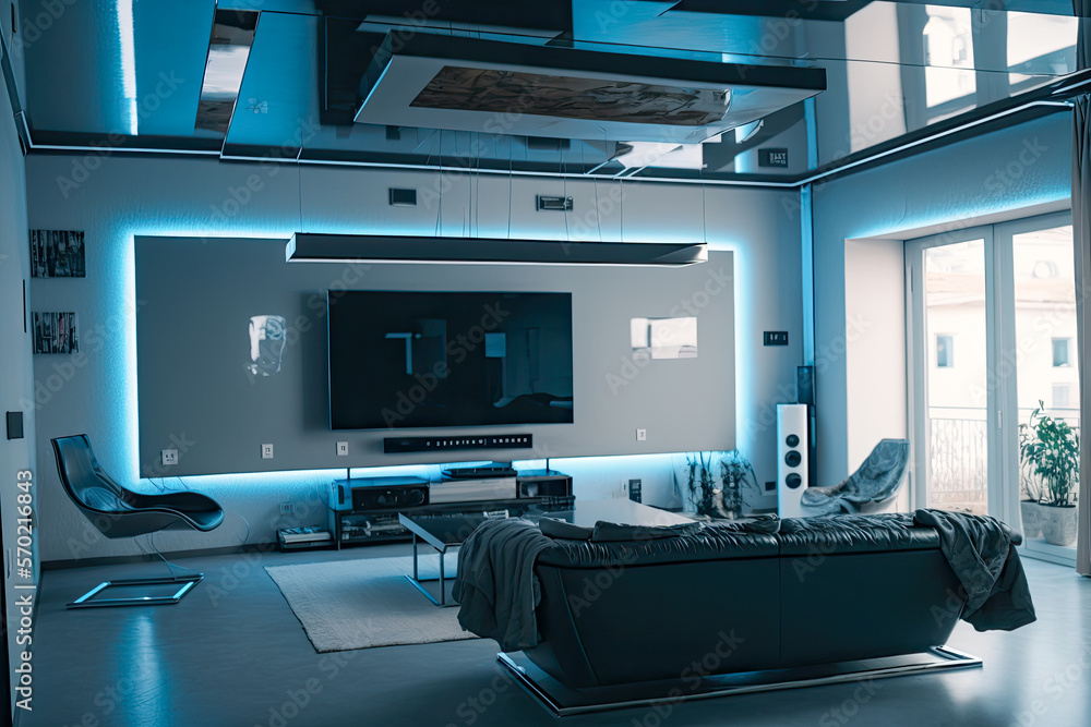 Modern living room interior with sofa and large tv screen on the wall - Generative AI Modern living room interior with sofa and large tv screen on the wall - Generative AI