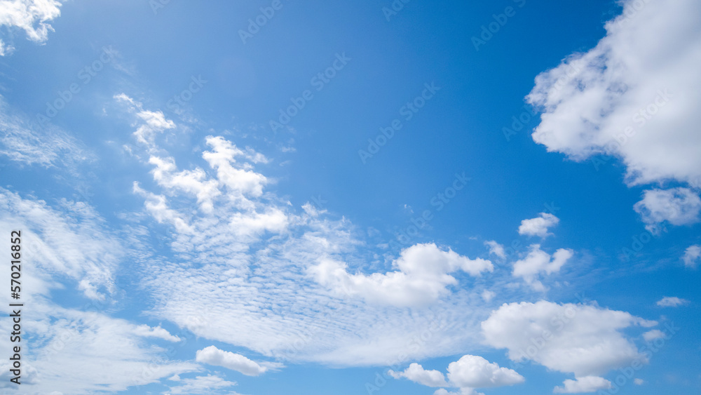 Panoramic view of clear blue sky and clouds, Blue sky background with tiny clouds. White fluffy clouds in the blue sky. Panoramic view of clear blue sky and clouds, Blue sky background with tiny clouds. White fluffy clouds in the blue sky.