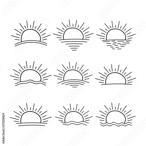 set of hand drawn Sun icon, line art sun vector, summer Sunrise Sunset sun, sunshine sun logo, Boho sunrise logo,Morning sunlight,design elements for sticker,t-shirt tattoo