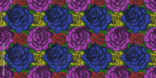 Vector seamless pattern. Color roses of different sizes. Ornamental plant, texture or background.