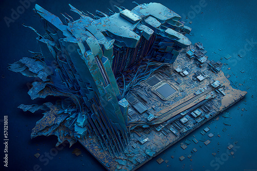 Virus infected and decaying IT computer hardware, motherboard; Generative AI