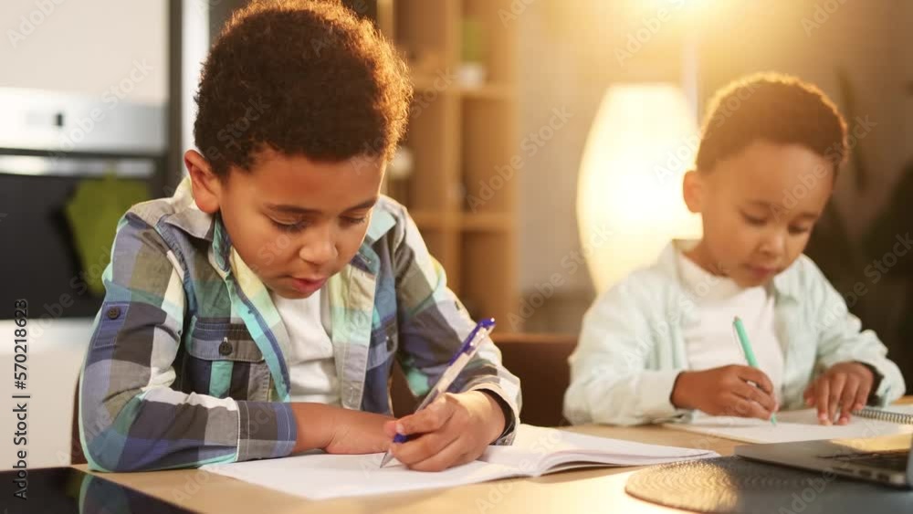 Cute primary school boys kids studying using laptop computer together at home kitchen Adorable african american brothers doing homework writing exercise in notebook indoors Distance online education