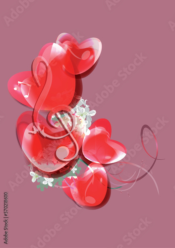 Abstract musical design with a treble clef and musical flowers, notes and hearts. Love music. Hand drawn vector illustration for t shirts, covers,  wallpaper, greeting cards, wall-art, invitations.