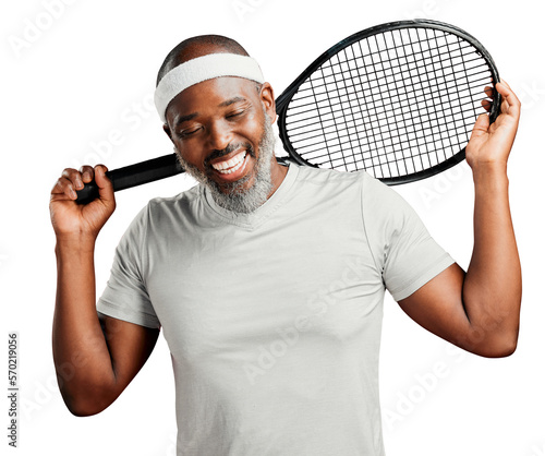A happy mature african american man posing with a tennis racquet on his shoulder. Smiling black man feeling fit and sporty while playing a match isolated on a png background. © peopleimages.com