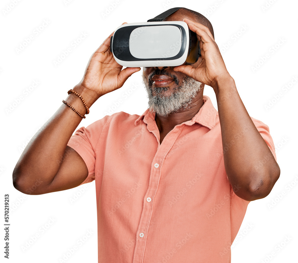 A mature african american man in grey beard using a virtual reality headset while standing and using wireless technology to play games isolated on a png background A mature african american man in grey beard using a virtual reality headset while standing and using wireless technology to play games isolated on a png background