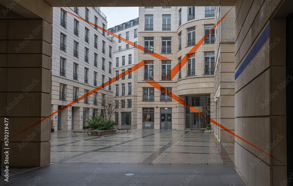 Paris, France - 02 04 2023: Passage Caumartin. Outside view of an optical illusion painted on building facades