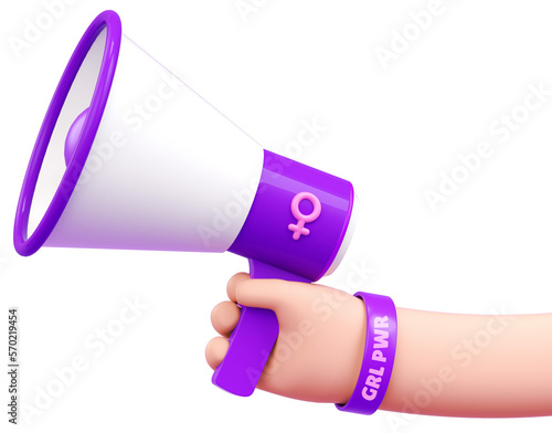 Принти на полотні Isolated hand of a caucasian woman with a megaphone for international women's day and feminist activism in 3D illustration