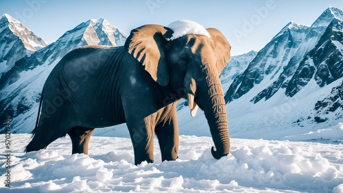 Elephant walking in snowy mountains