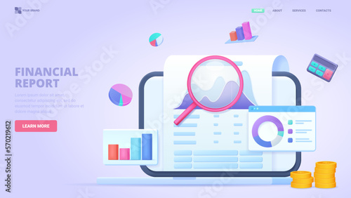 Financial audit, income growth, business plan, financial report, accountant service, personal financial consultant. Three dimensional design concept for landing page. 3d vector illustration for websit