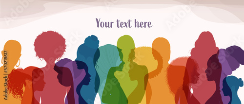 Multicultural women and girls. Portrait front and profile view silhouette. Women's day. Female social community of diverse culture. Equality. Colleagues. Empowerment or inclusion. Banner