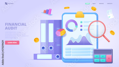 Financial audit, income growth, business plan, financial report, accountant service, personal financial consultant. Three dimensional design concept for landing page.3d vector illustration for website