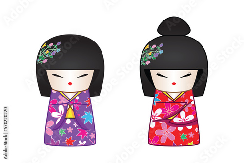 Kokeshi doll wooden Japanese traditional doll with 2 cute girls or lady dress in flower pattern kimono drawing in cartoon vector