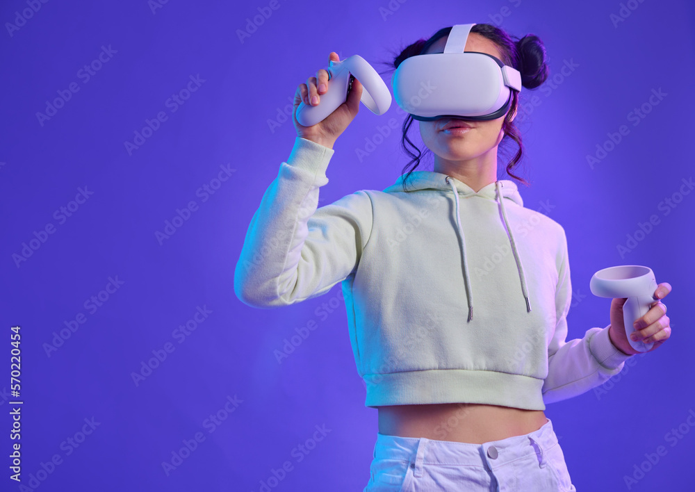 Metaverse, virtual reality glasses and a woman with mockup space for futuristic, cyber and digital world. Gamer person with hand controller for ar, 3d experience and cyberpunk purple background app Metaverse, virtual reality glasses and a woman with mockup space for futuristic, cyber and digital world. Gamer person with hand controller for ar, 3d experience and cyberpunk purple background app