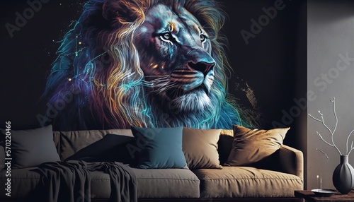 Lion painting on a wall, interior design, Generative AI