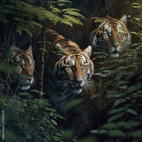 A family of saber-toothed tigers stalking through the forest  Ai Genrative
