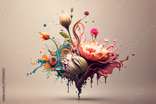 Arrangement of flowers liquid splashes and organic shapes. Generative AI