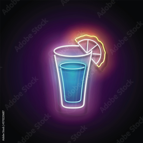 Glow shot with Mexican tequila. Traditional ethnic alcoholic drink. Neon Light Poster, Flyer, Banner, Signboard. Glossy Background. Vector 3d Illustration 