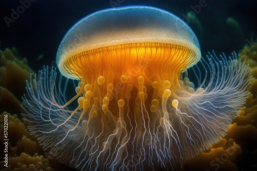 underwater macro shot of the Rhizostoma luteum jellyfish. Generative AI photo